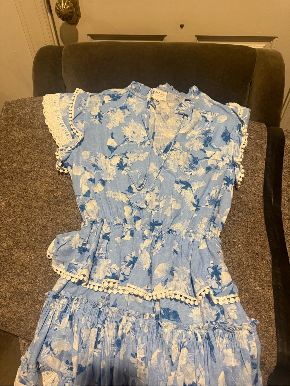 Misa Los Angeles Sky Blue and White Floral V-Neck Ruffle Dress